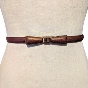 Vintage Skinny Belt Bow Tie Dainty Leather Statement Gold Hardware Bronze Brown
